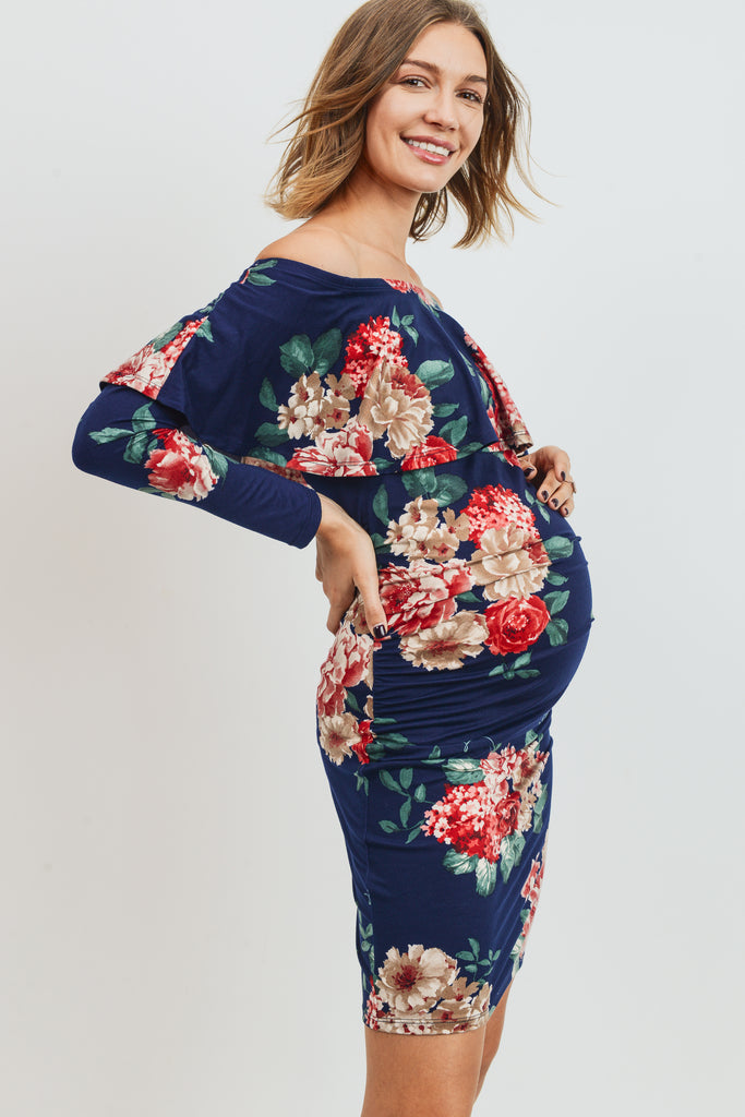 Navy Floral Long Sleeve Off Shoulder Maternity Dress Navy Color