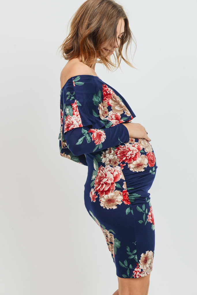 Navy Floral Long Sleeve Off Shoulder Maternity Dress Navy Color