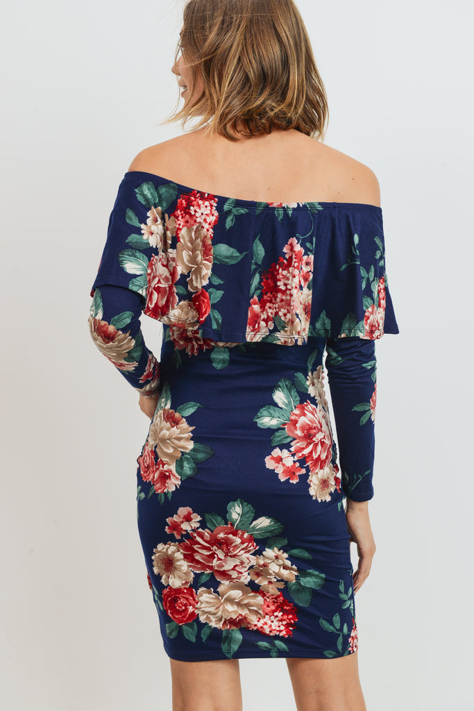 Navy Floral Long Sleeve Off Shoulder Maternity Dress Navy Color