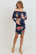 Navy Floral Long Sleeve Off Shoulder Maternity Dress Navy Color