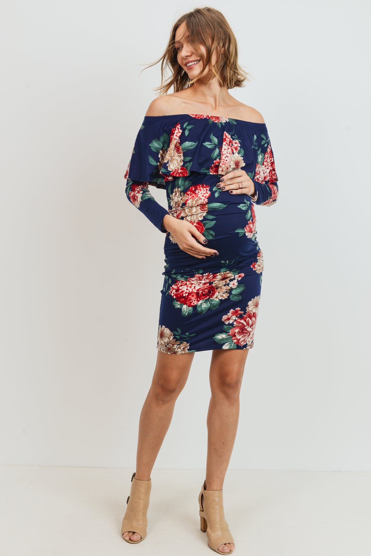 Navy Floral Long Sleeve Off Shoulder Maternity Dress Navy Color