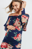 Navy Floral Long Sleeve Off Shoulder Maternity Dress Navy Color