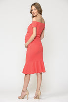 Solid Off Shoulder Maternity Bodycon Dress with Mermaid Hem in Coral
