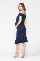 Solid Off Shoulder Maternity Bodycon Dress with Mermaid Hem in Navy