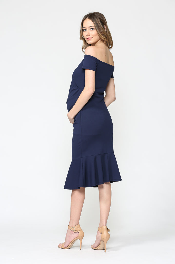 Solid Off Shoulder Maternity Bodycon Dress with Mermaid Hem CORAL / X-LARGE