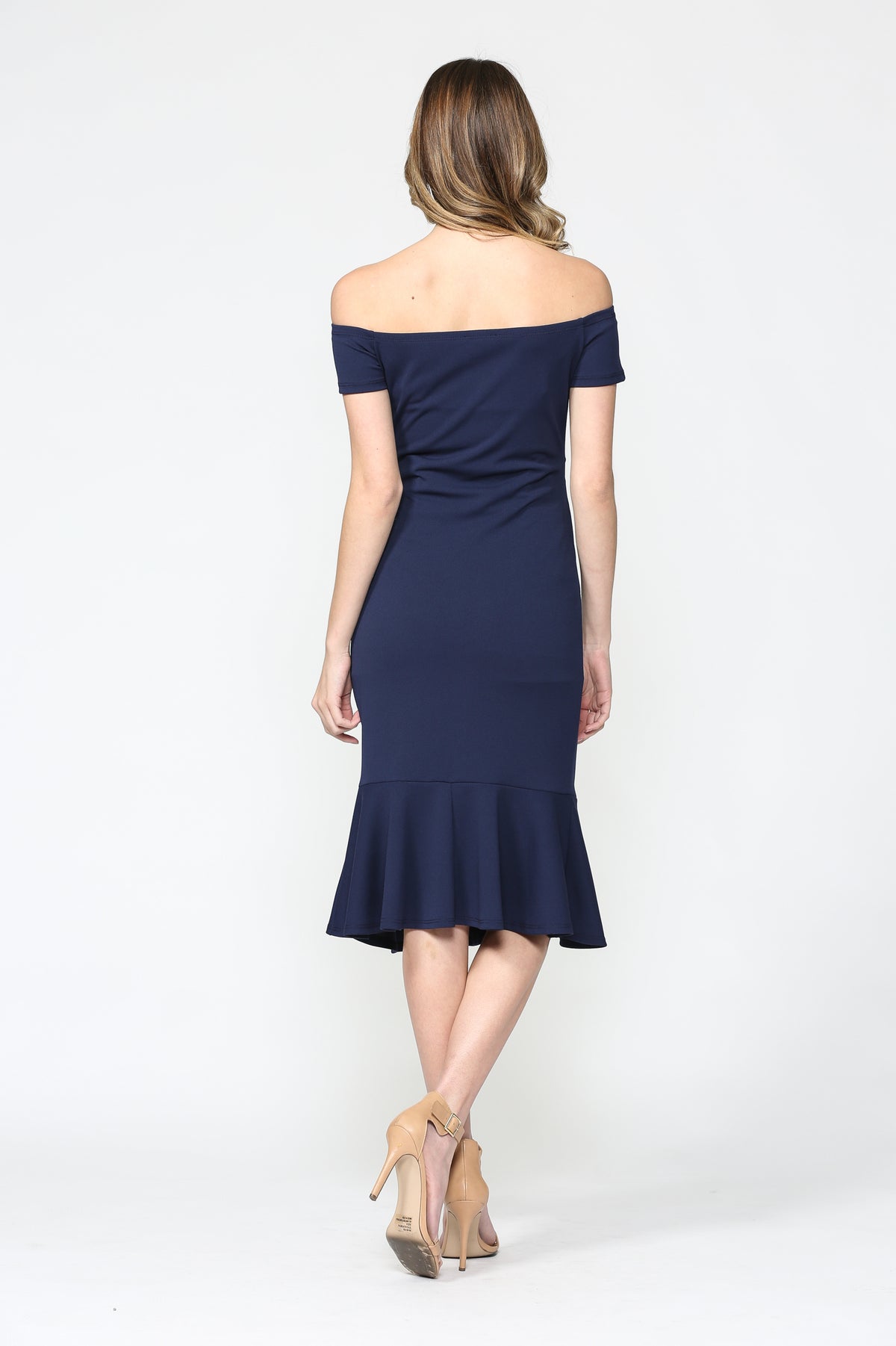 Solid Off Shoulder Maternity Bodycon Dress with Mermaid Hem in Navy