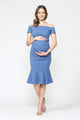 Denim Blue Solid Off Shoulder Maternity Bodycon Dress with Mermaid Hem