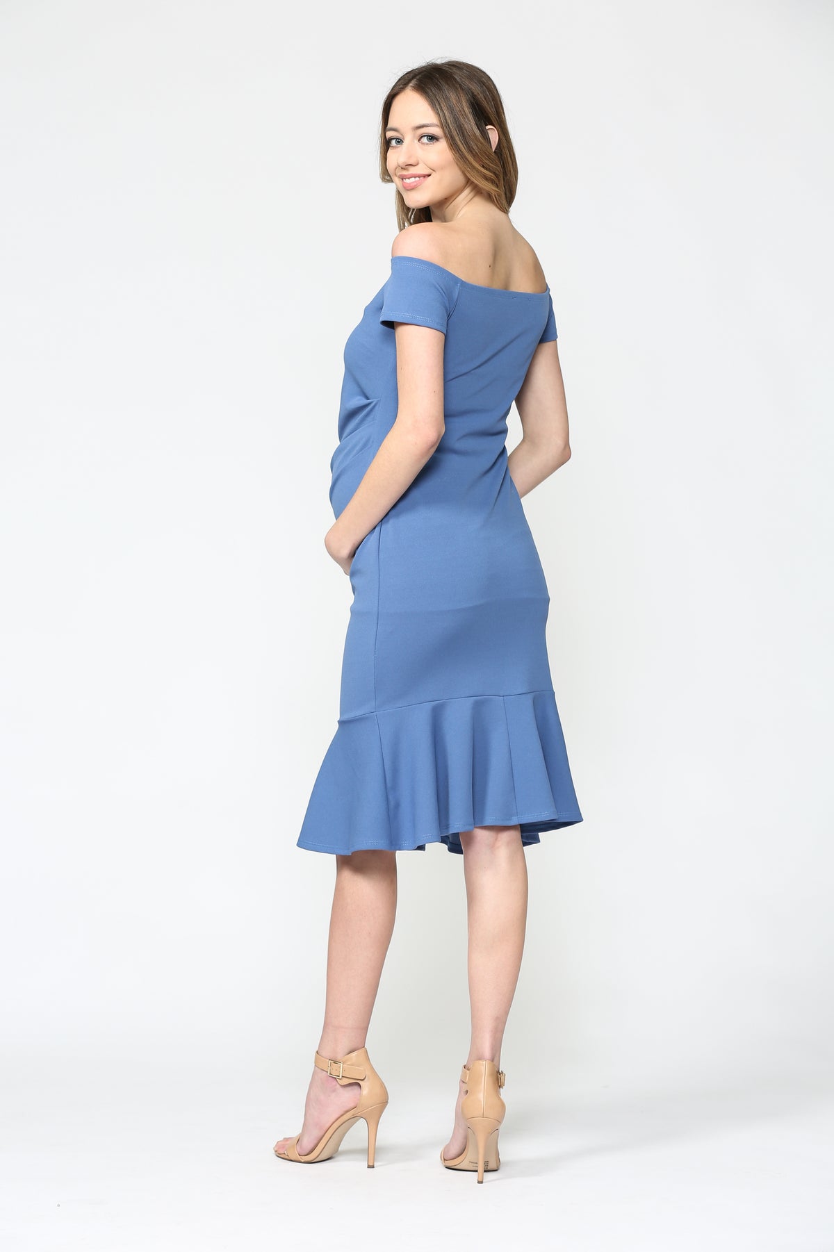 Denim Blue Solid Off Shoulder Maternity Bodycon Dress with Mermaid Hem