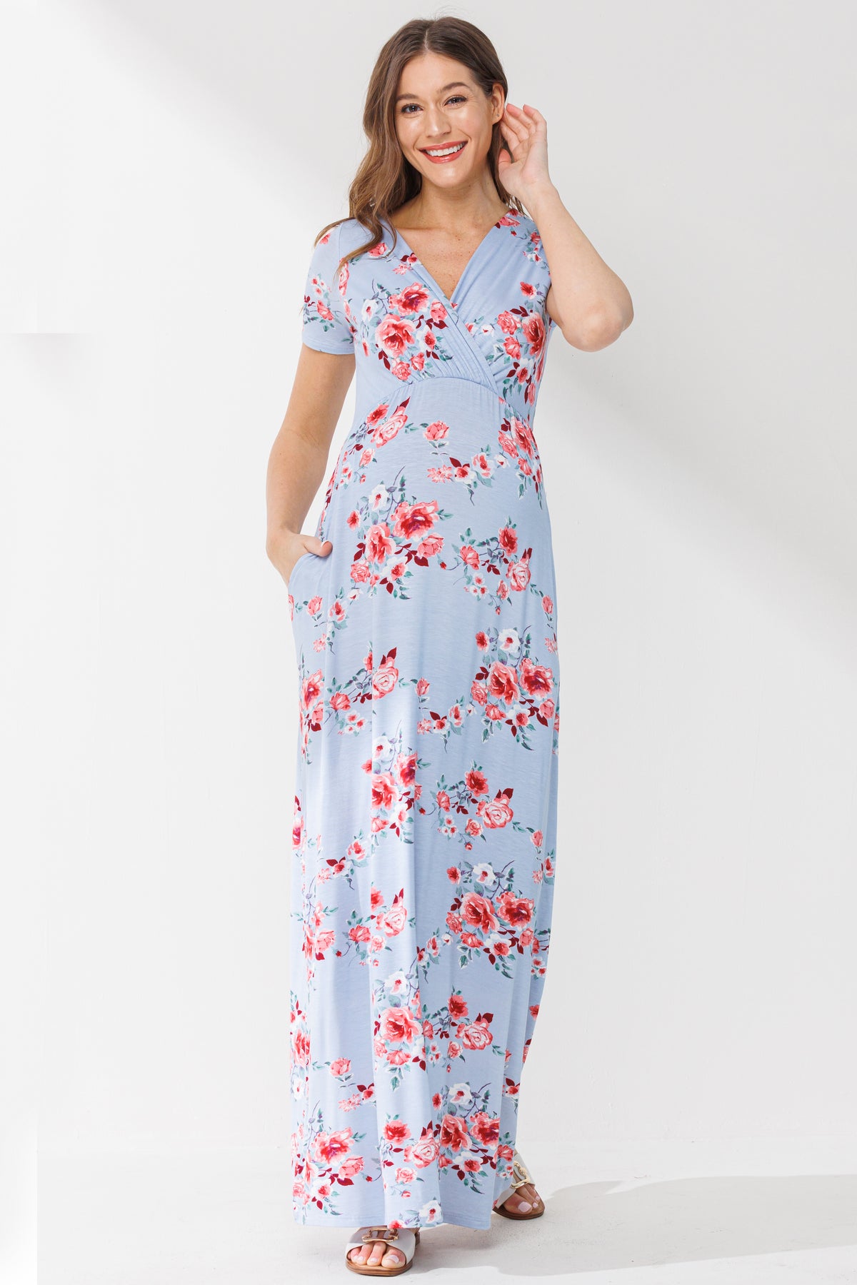 Chambray Surplice Short Sleeve Maternity/Nursing Dress