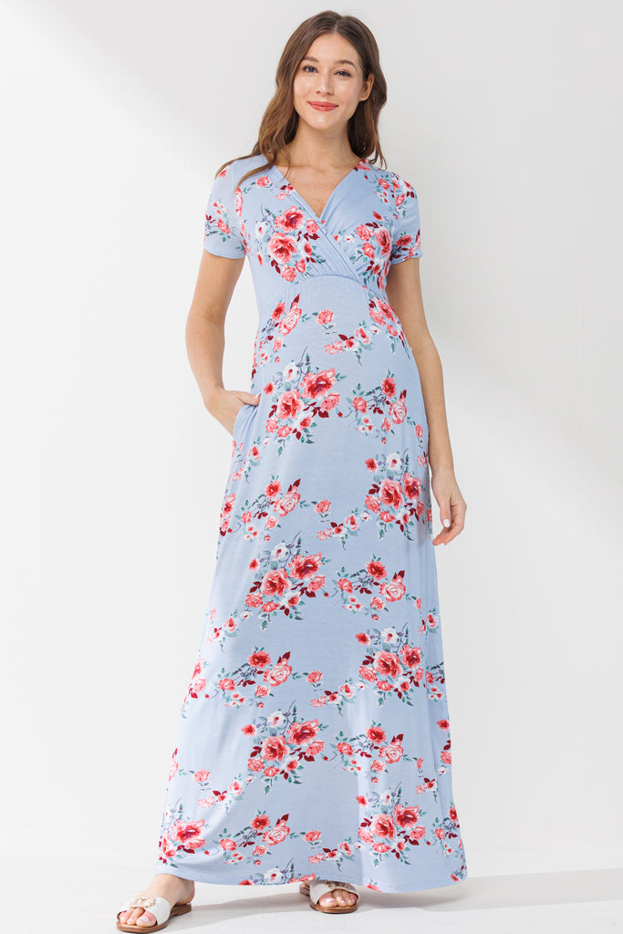 Chambray Surplice Short Sleeve Maternity/Nursing Dress