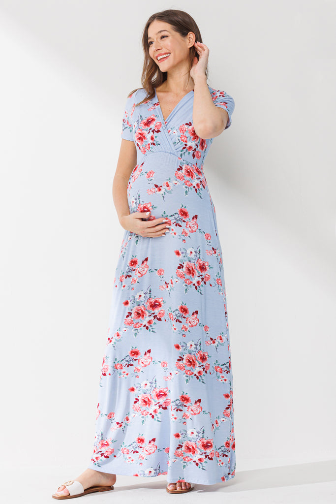 Chambray Surplice Short Sleeve Maternity/Nursing Dress