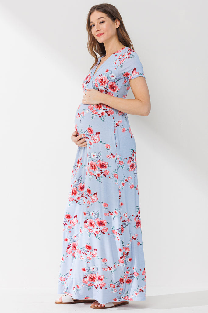 Chambray Surplice Short Sleeve Maternity/Nursing Dress