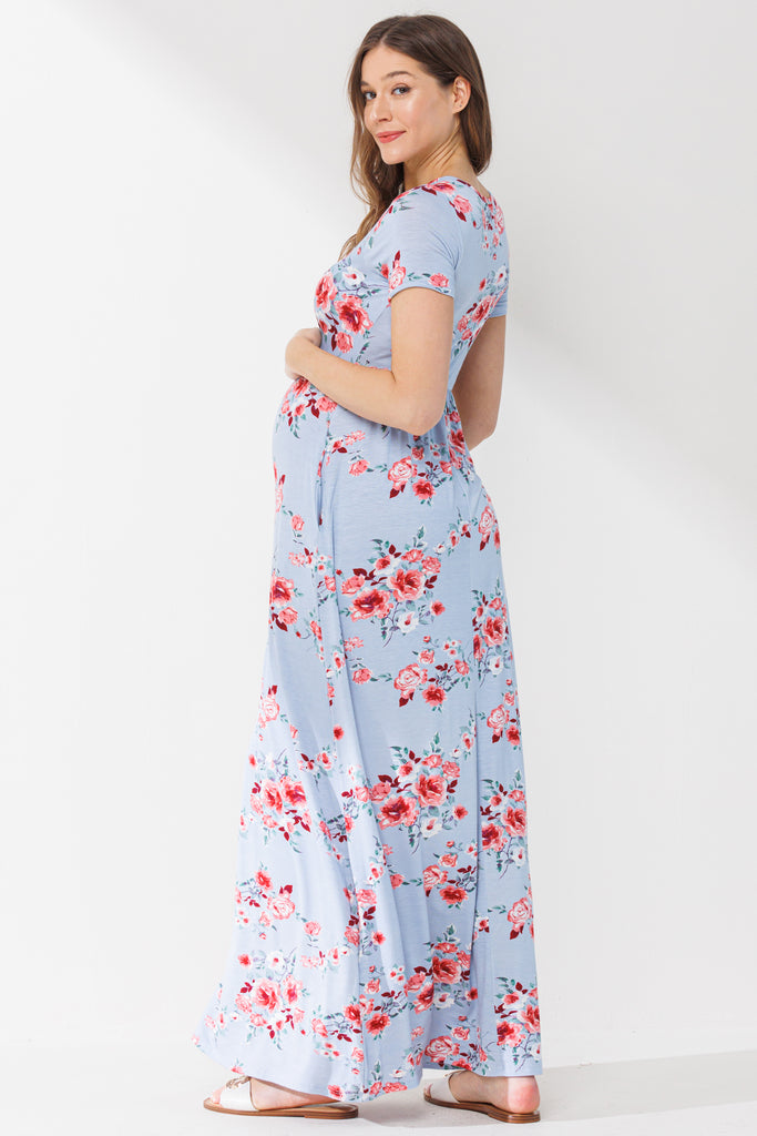 Chambray Surplice Short Sleeve Maternity/Nursing Dress