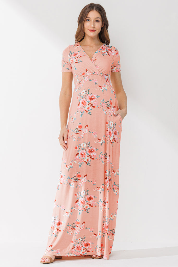 Peach Surplice Short Sleeve Maternity/Nursing Dress