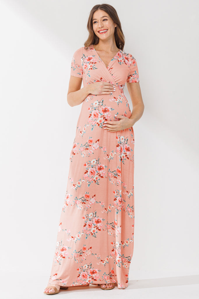 Peach Surplice Short Sleeve Maternity/Nursing Dress