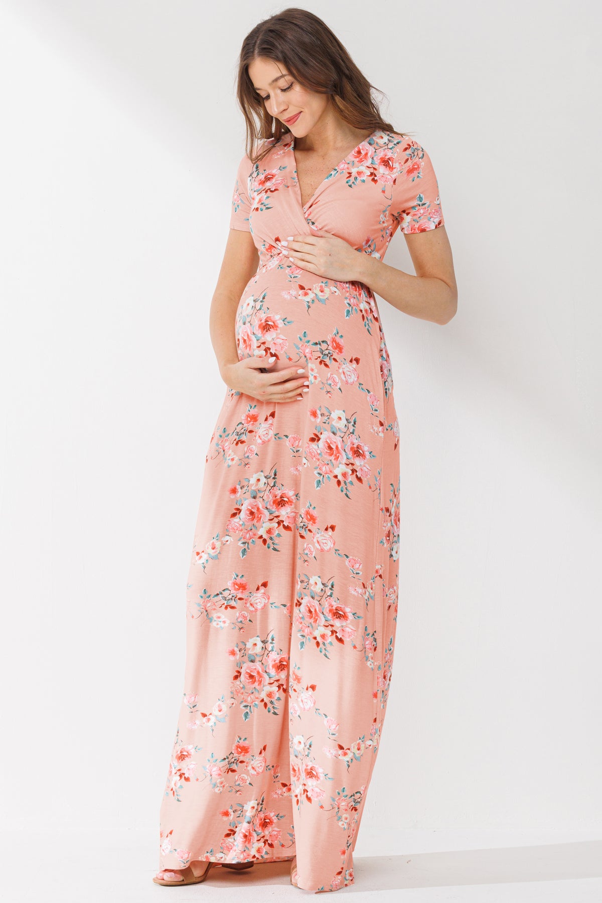 Peach Surplice Short Sleeve Maternity/Nursing Dress