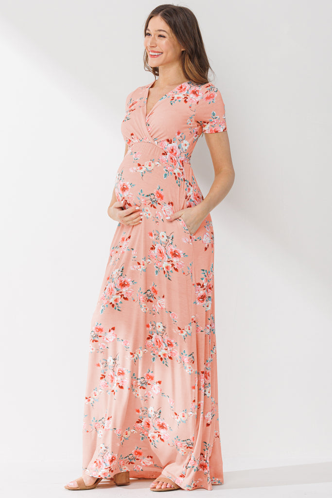 Peach Surplice Short Sleeve Maternity/Nursing Dress