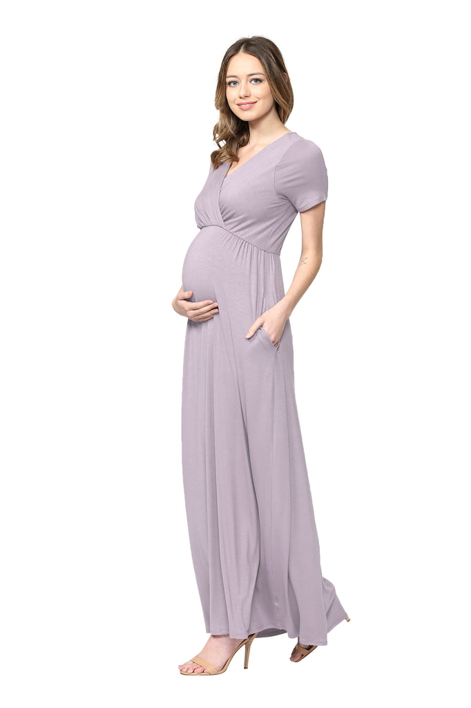 Lilac Surplice Short Sleeve Maternity Maxi Dress