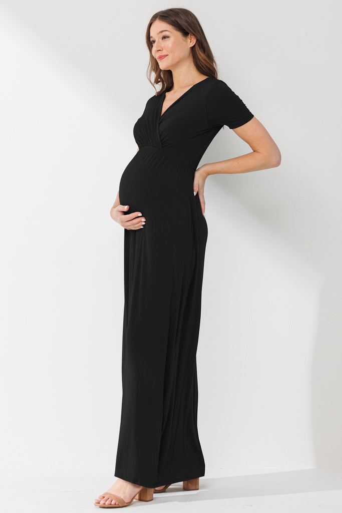 Black Surplice Short Sleeve Maternity Maxi Dress