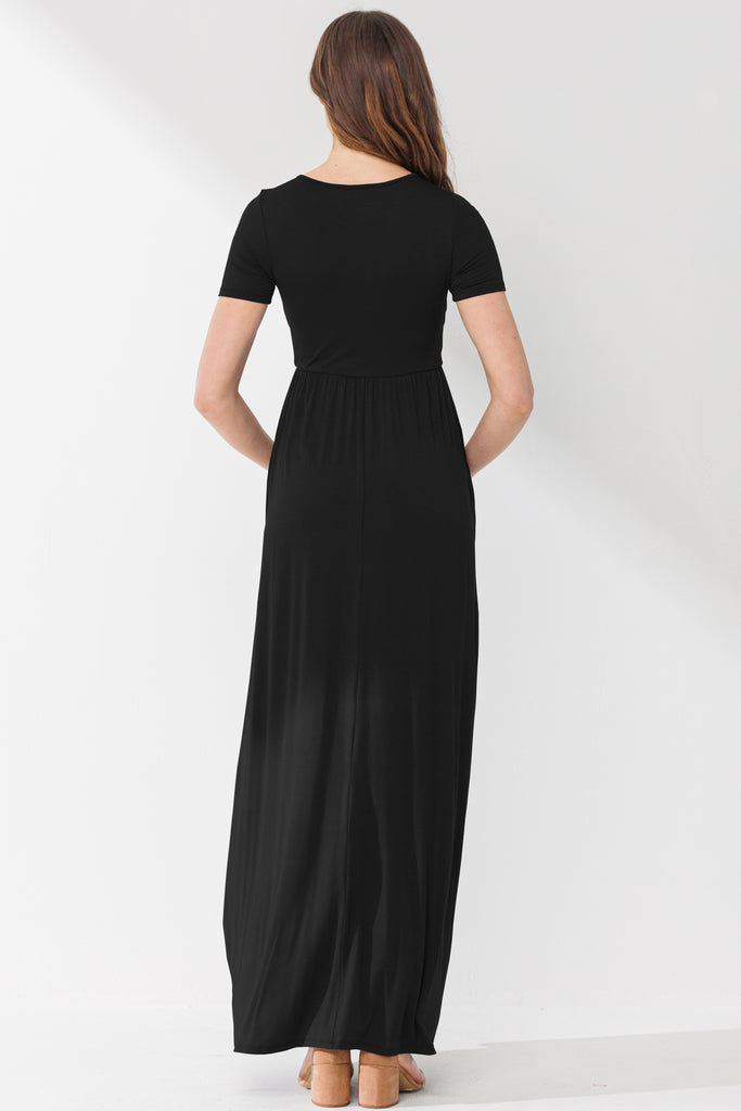 Black Surplice Short Sleeve Maternity Maxi Dress