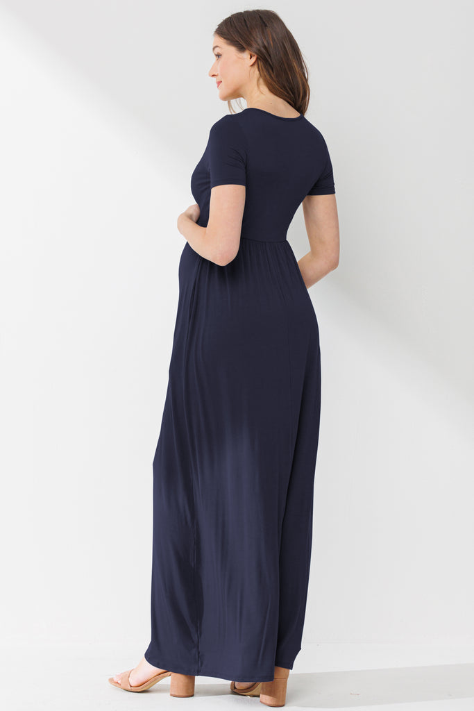 Navy Surplice Short Sleeve Maternity Maxi Dress