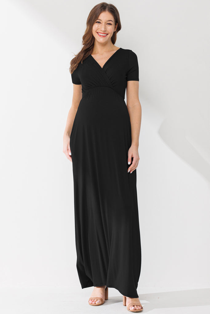 Black Surplice Short Sleeve Maternity Maxi Dress