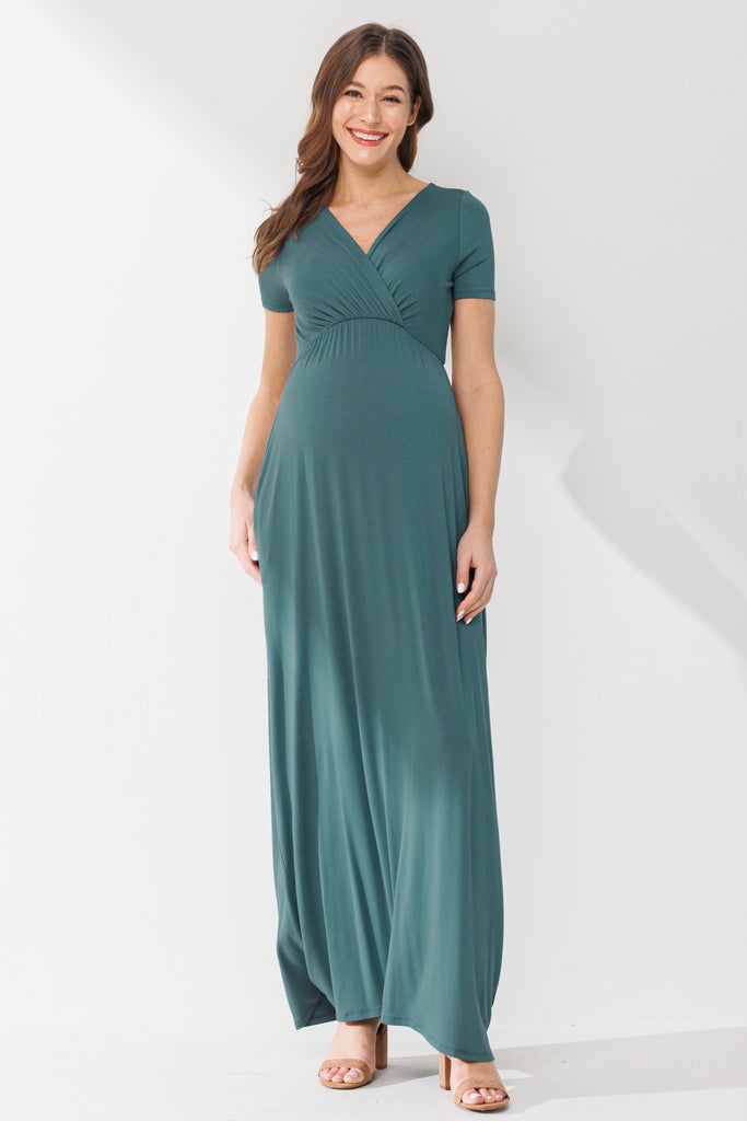 Turquoise Surplice Short Sleeve Maternity Maxi Dress