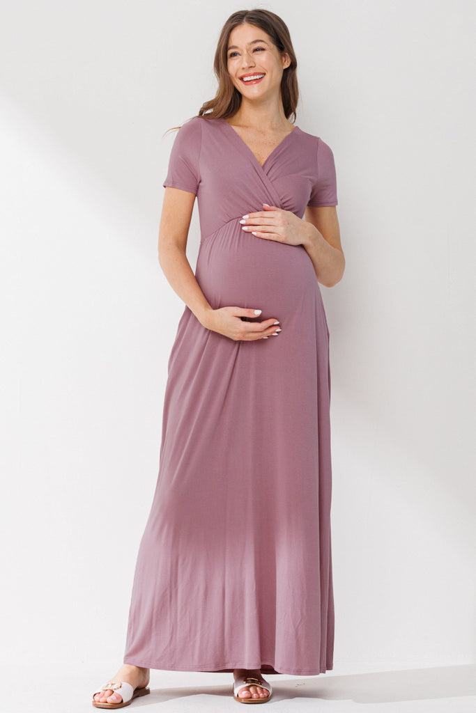 Mauve Surplice Short Sleeve Maternity Maxi Dress