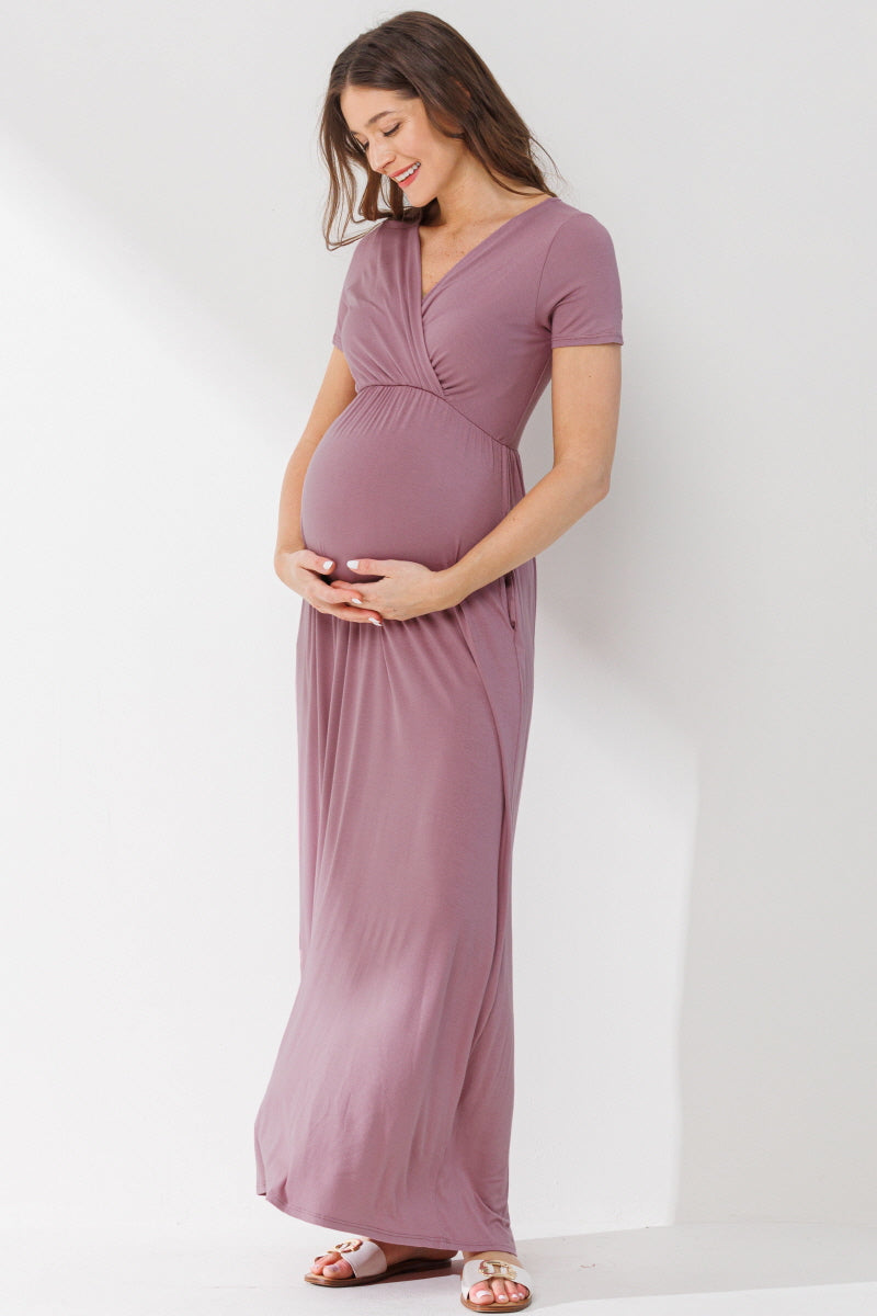 Mauve Surplice Short Sleeve Maternity Maxi Dress