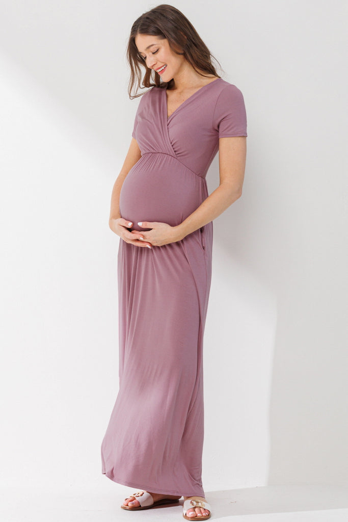 Mauve Surplice Short Sleeve Maternity Maxi Dress