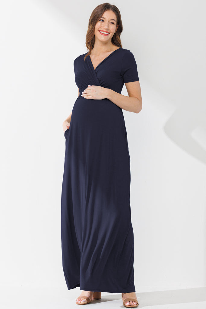 Navy Surplice Short Sleeve Maternity Maxi Dress