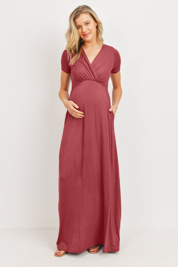 Red Brown Surplice Short Sleeve Maternity Maxi Dress