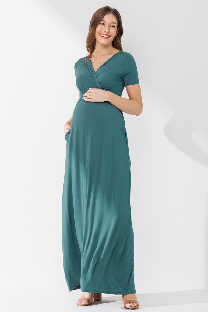 Turquoise Surplice Short Sleeve Maternity Maxi Dress