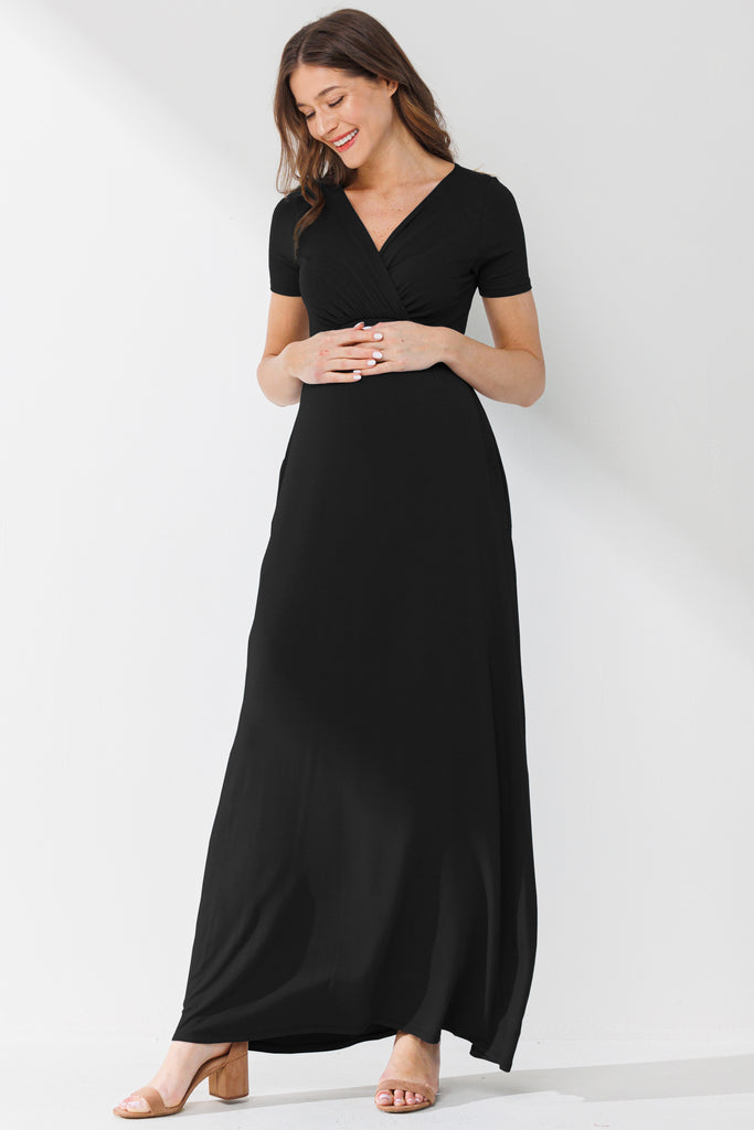 Black Surplice Short Sleeve Maternity Maxi Dress