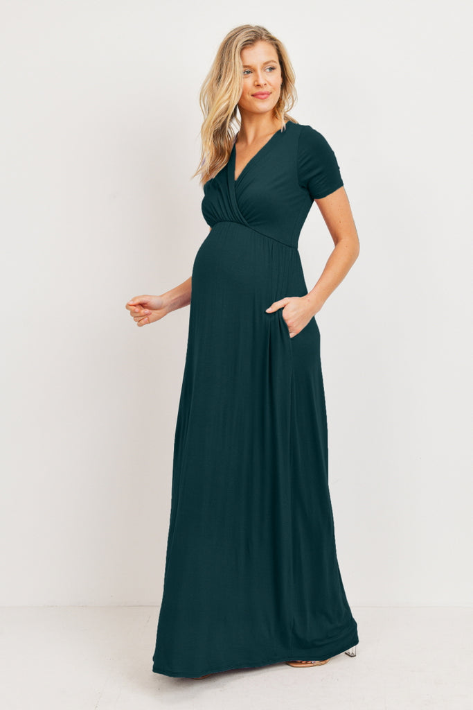 Hunter Green Surplice Short Sleeve Maternity Maxi Dress