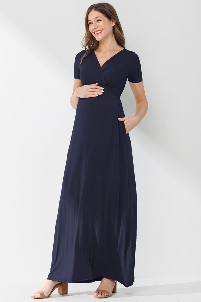 Navy Surplice Short Sleeve Maternity Maxi Dress