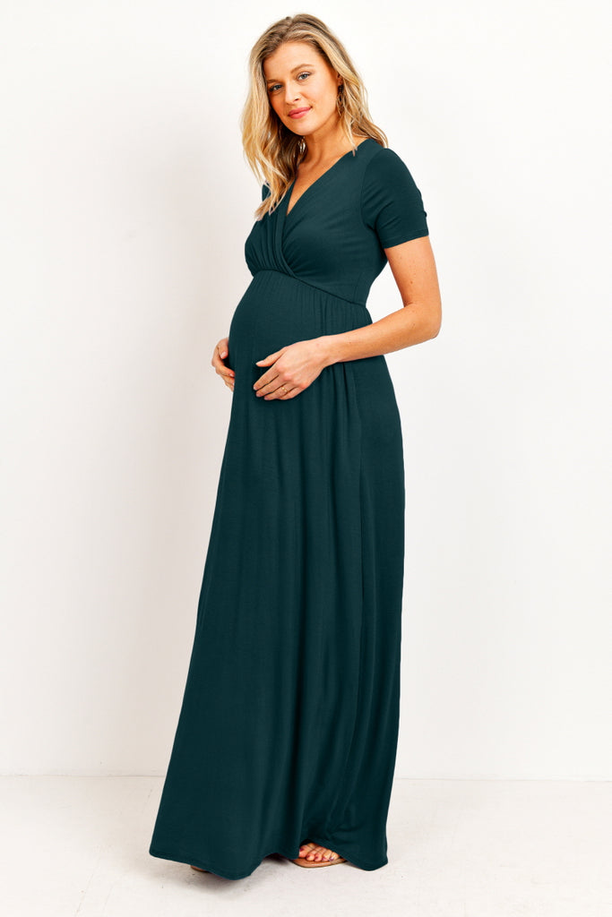 Hunter Green Surplice Short Sleeve Maternity Maxi Dress