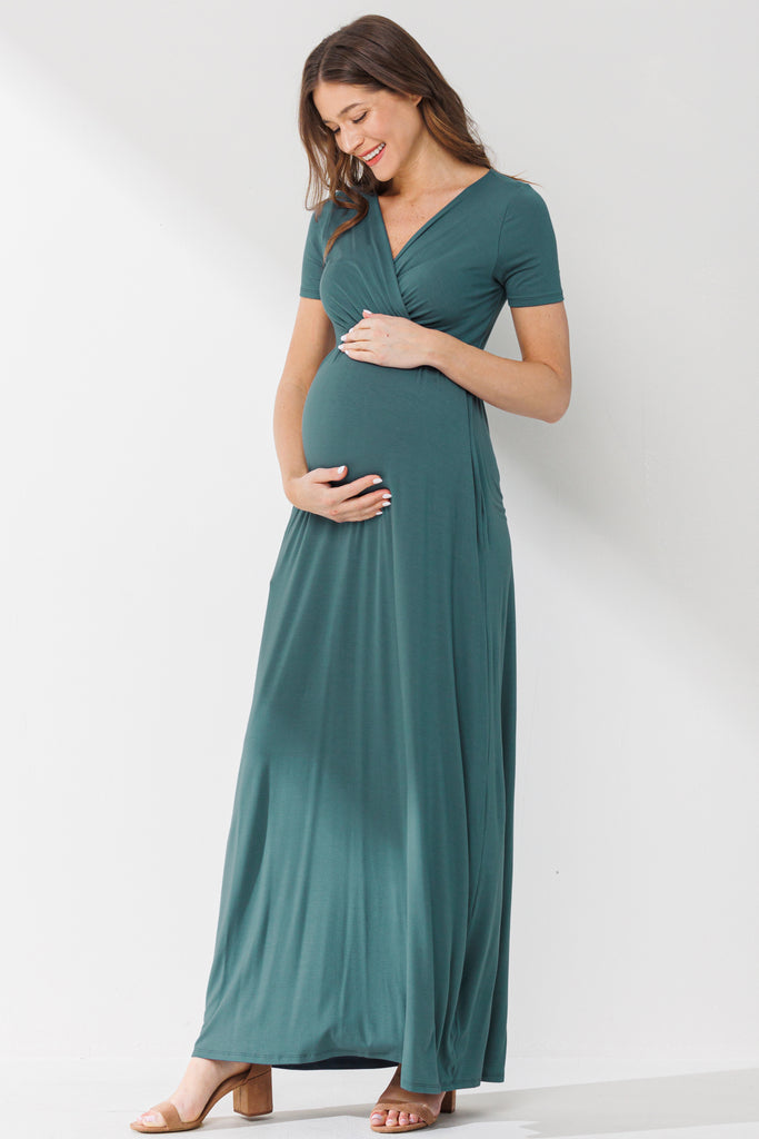 Turquoise Surplice Short Sleeve Maternity Maxi Dress