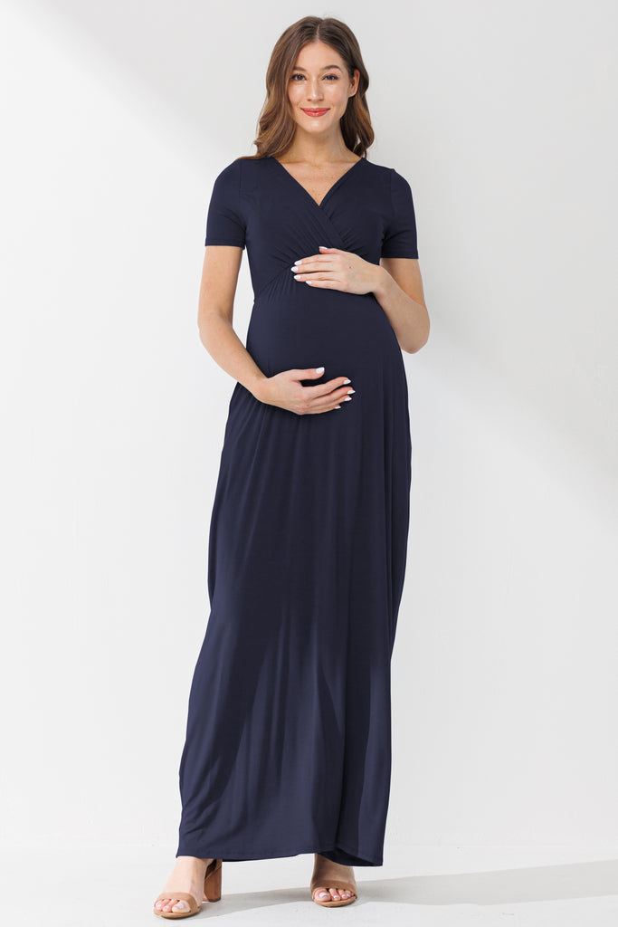 Navy Surplice Short Sleeve Maternity Maxi Dress