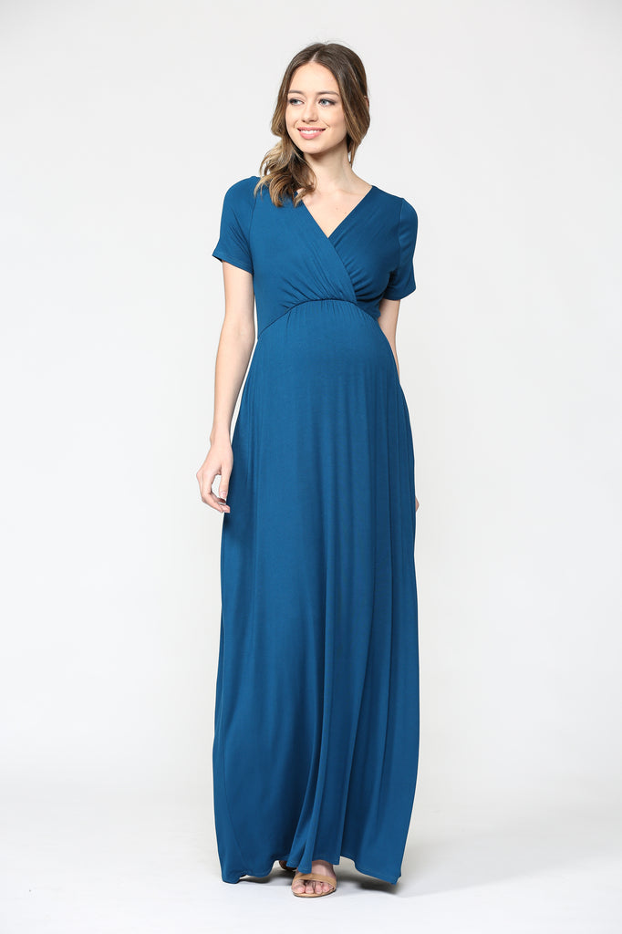 Teal Surplice Short Sleeve Maternity Maxi Dress