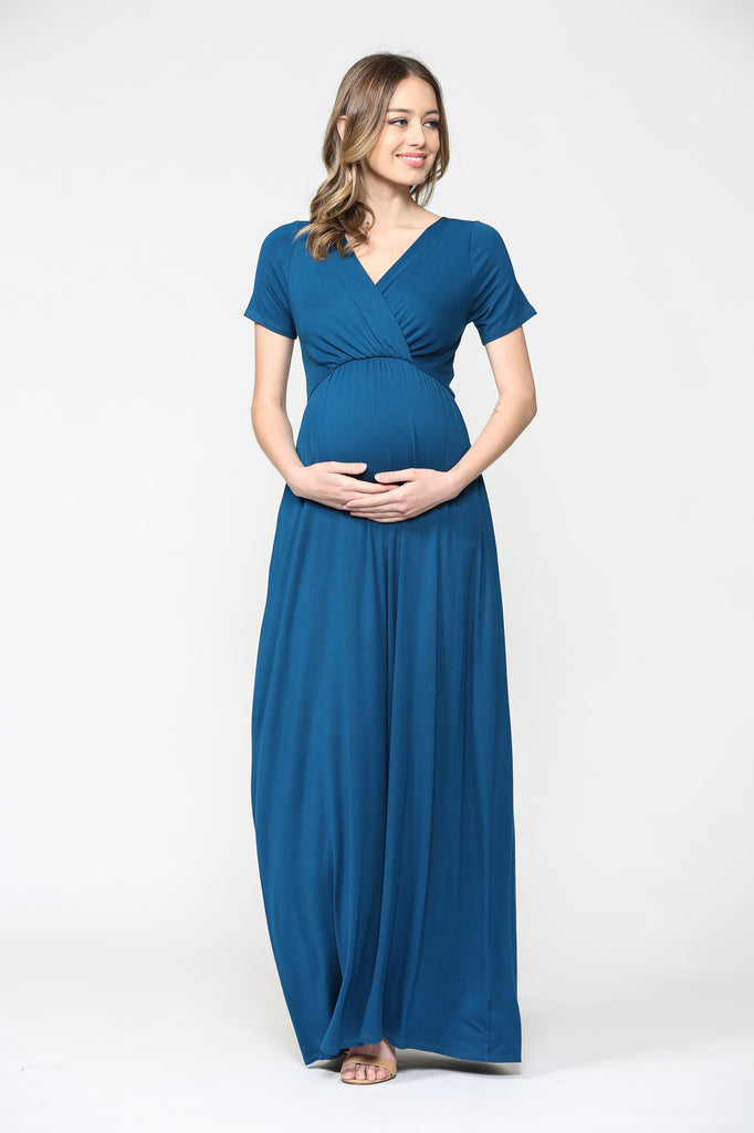 Teal Surplice Short Sleeve Maternity Maxi Dress