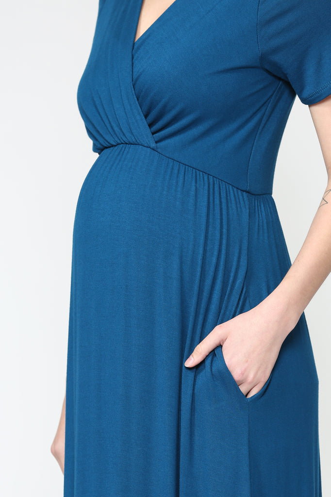 Teal Surplice Short Sleeve Maternity Maxi Dress