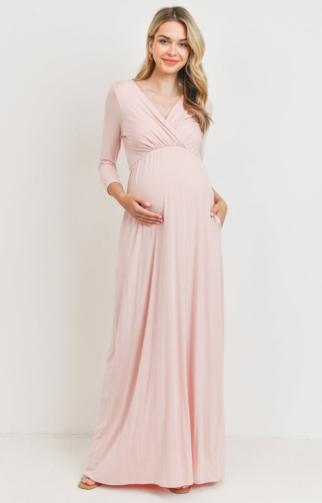 Blush 3/4 Sleeve Surplice Maternity/Nursing Maxi Dress