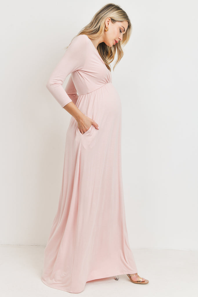 Blush 3/4 Sleeve Surplice Maternity/Nursing Maxi Dress