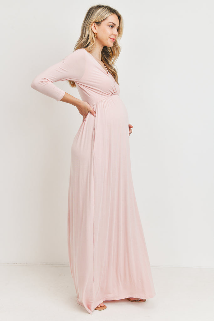 Blush 3/4 Sleeve Surplice Maternity/Nursing Maxi Dress