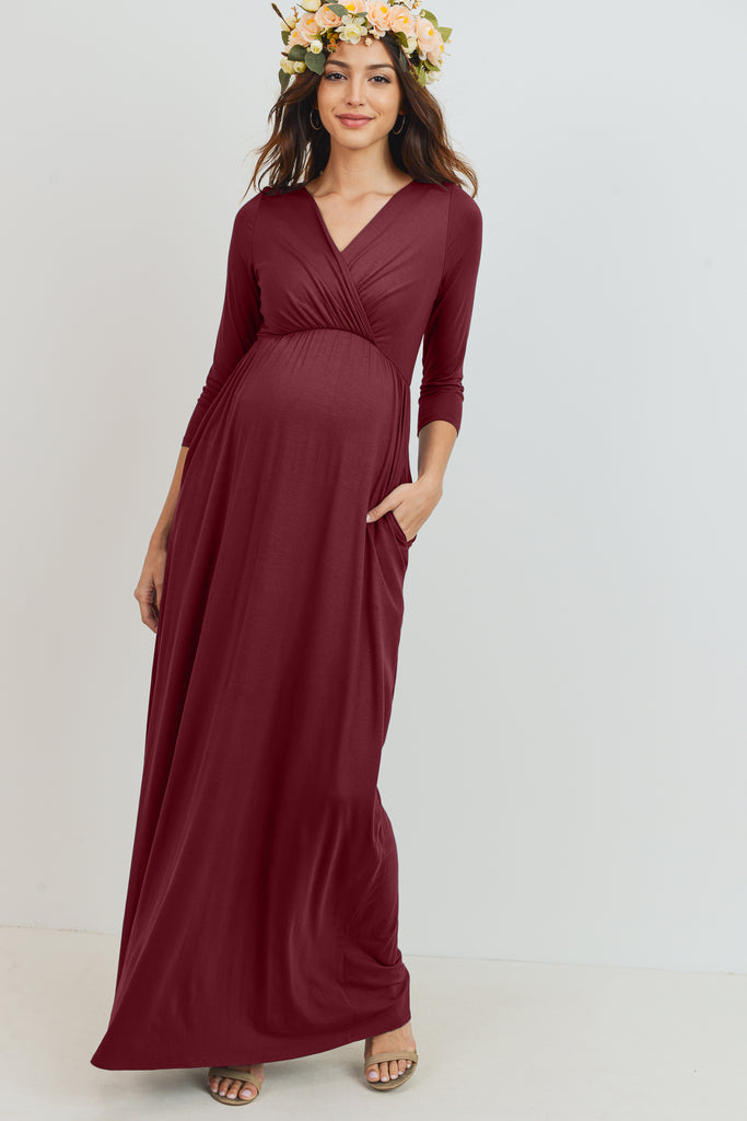 Burgundy 3/4 Sleeve Surplice Maternity/Nursing Maxi Dress