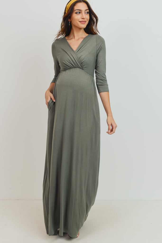 Olive 3/4 Sleeve Surplice Maternity/Nursing Maxi Dress 