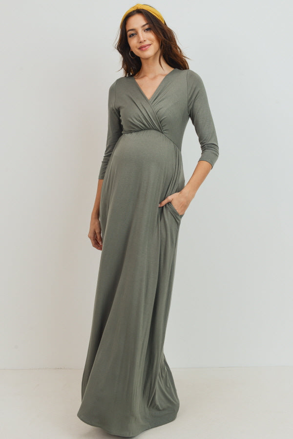 Olive 3/4 Sleeve Surplice Maternity/Nursing Maxi Dress 