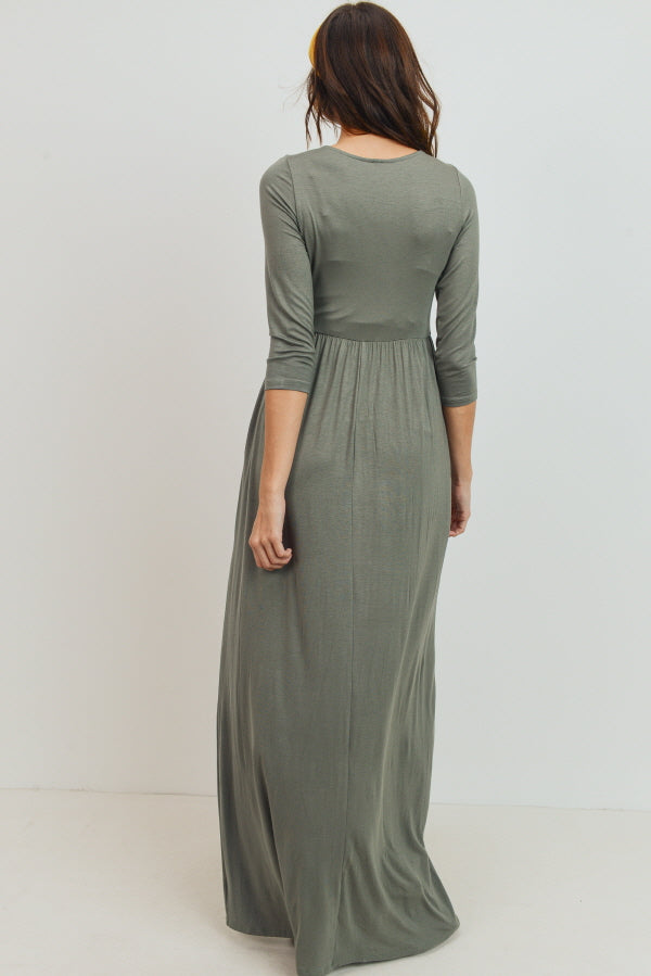 Olive 3/4 Sleeve Surplice Maternity/Nursing Maxi Dress 