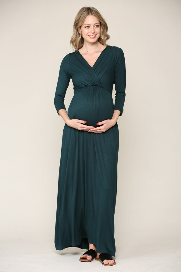 Hunter Green 3/4 Sleeve Surplice Maternity/Nursing Maxi Dress
